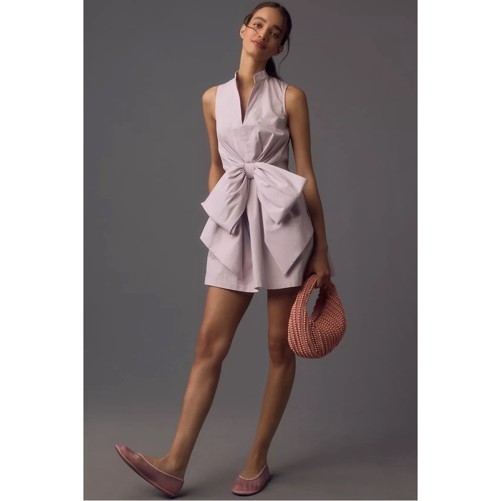 Anthropologie Porridge Lavender Bow Front Mini Dress Cotton Size XS NWT